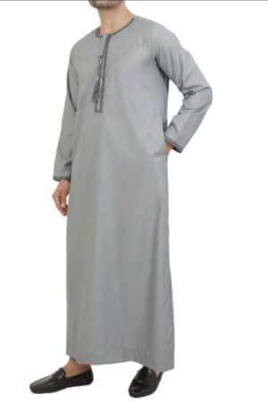 Premium Omani Embroidery Thobe With Zip & Tassel Grey