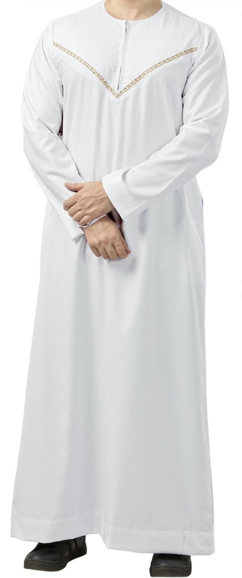 Premium Omani Embroidery Thobe With Zip White - Image 2