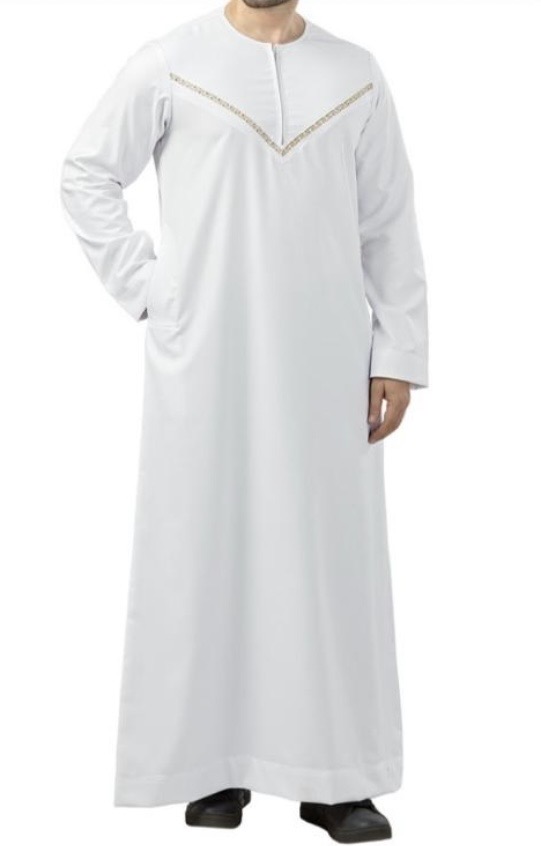 Premium Omani Embroidery Thobe With Zip White - Image 3
