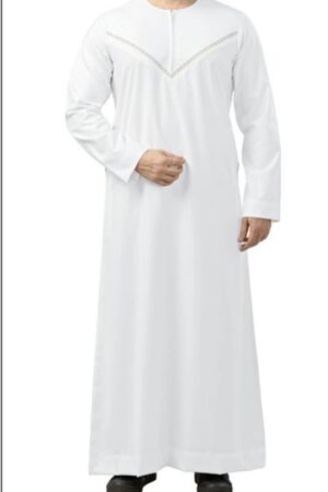 Premium Omani Embroidery Thobe With Zip White