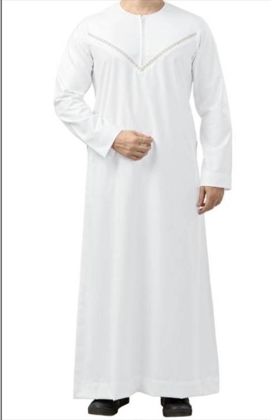 Premium Omani Embroidery Thobe With Zip White