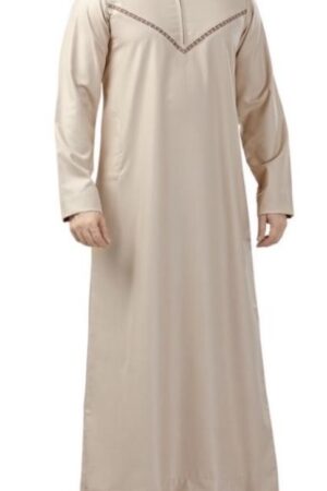 Premium Omani Embroidery Thobe With Zip Beige