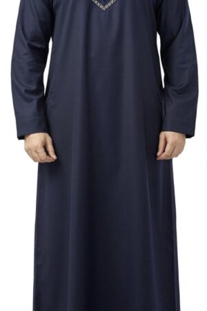 Premium Omani Embroidery Thobe With Zip Navy Blue