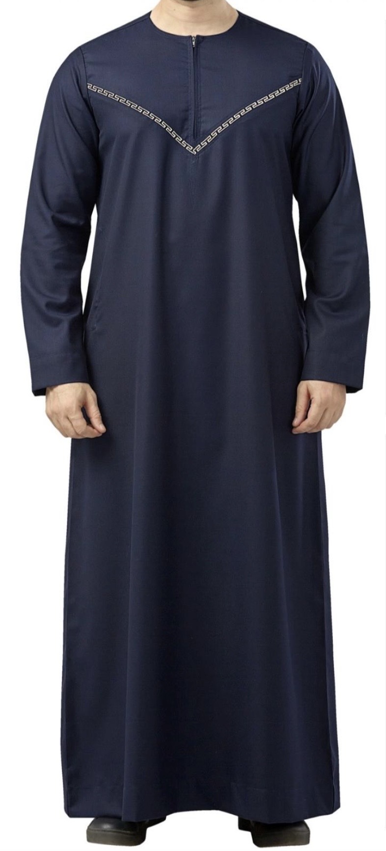 Premium Omani Embroidery Thobe With Zip Navy Blue