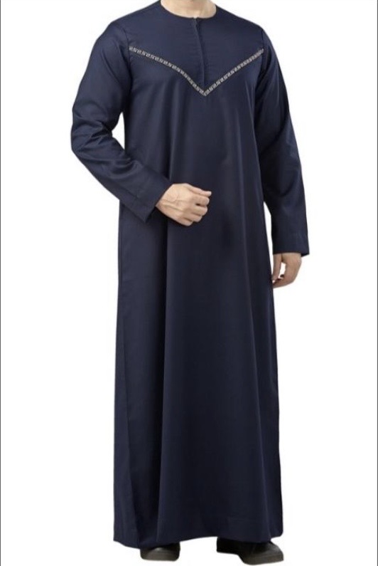 Premium Omani Embroidery Thobe With Zip Navy Blue - Image 2