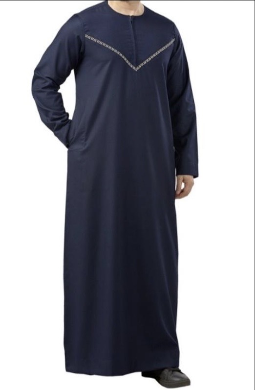 Premium Omani Embroidery Thobe With Zip Navy Blue - Image 3