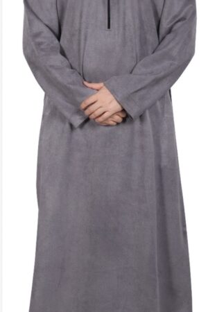 Luxury Hooded Thobe In Suede Fabric Grey