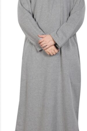 Luxury Winter Hooded Thobe In Knitwear Fabric Light Grey