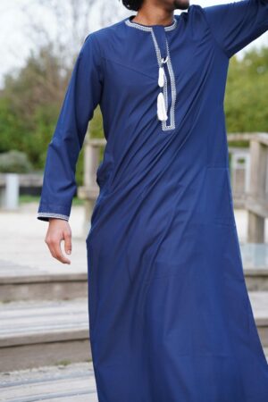 Premium Embroidery Omani Thobe with Tassel – Ink Blue